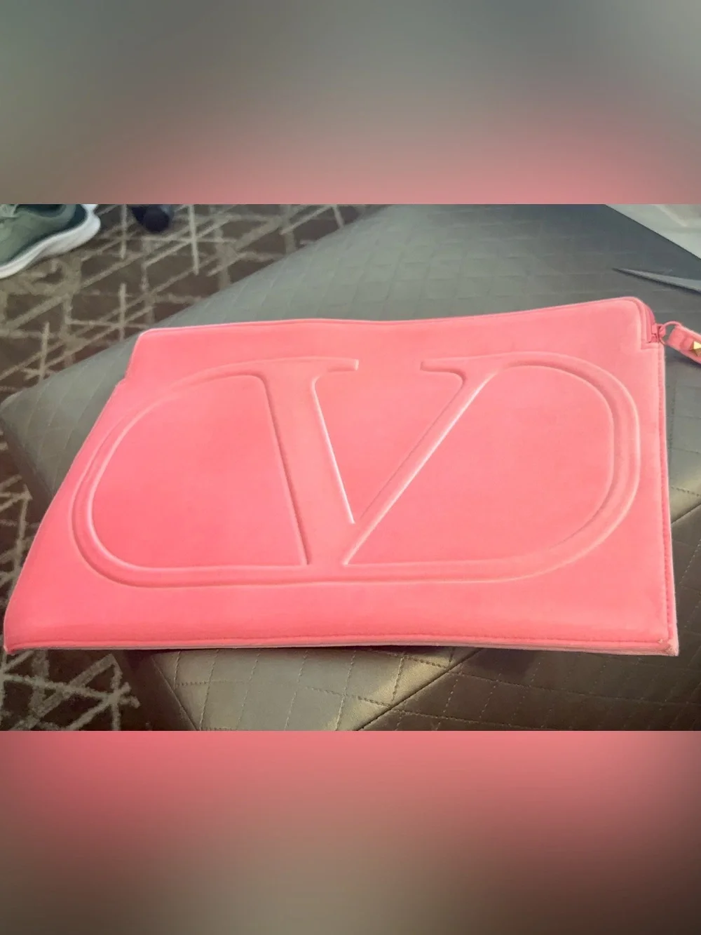 Valentino Coral Pink Embossed V Logo large Soft Velvet Laptop Sleeve